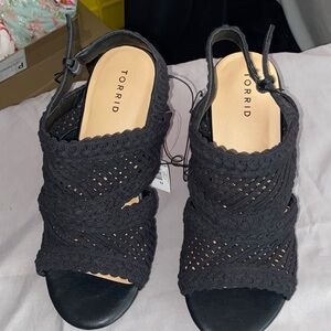 NWT Torrid Black Crochet Women's Wedge Sandals size 12WW. Heel measures 4.5”